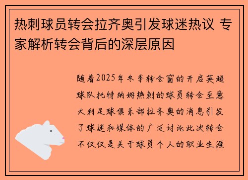 热刺球员转会拉齐奥引发球迷热议 专家解析转会背后的深层原因